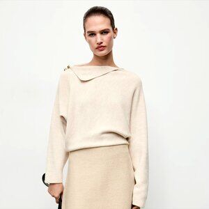 New Mango Asymetrical Cream Winter Sweater with Jewel Buttons
